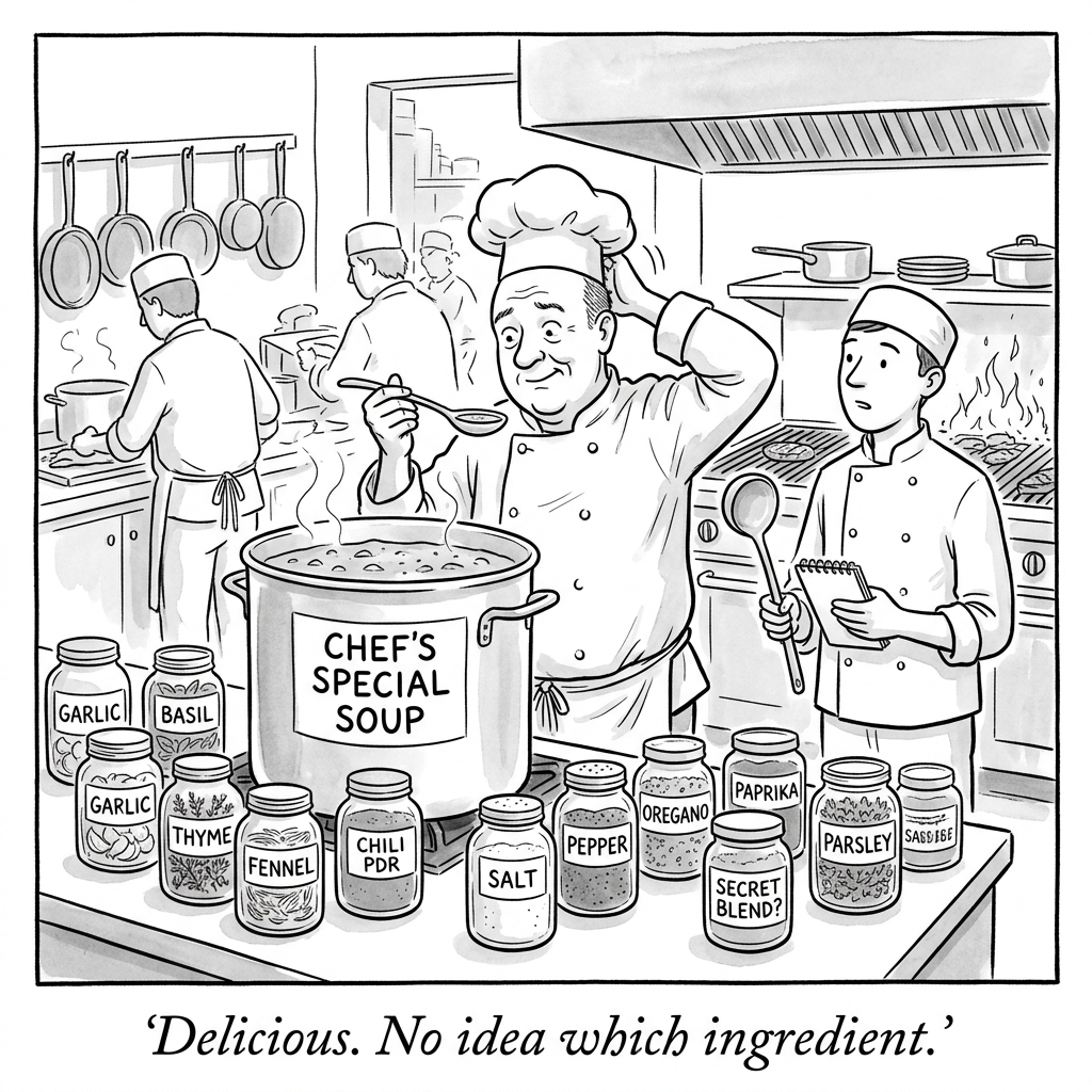 Cartoon: a chef tastes an enormous pot of soup surrounded by a dozen ingredient jars. Caption: Delicious. No idea which ingredient.